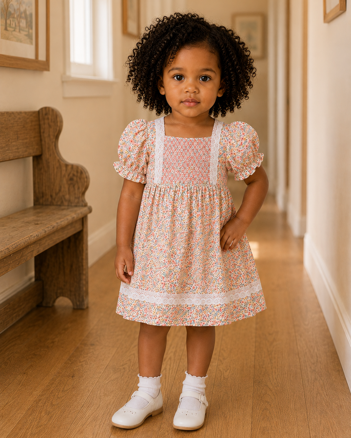 Young girl in a dress standing in a hall way.