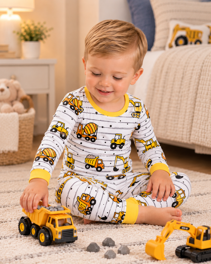 Toddler boy is wearing a Yellow Construction Trucks Bamboo Pajama Set