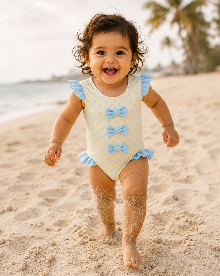 Child in a yellow swimsuit with blue bows on a sandy beach