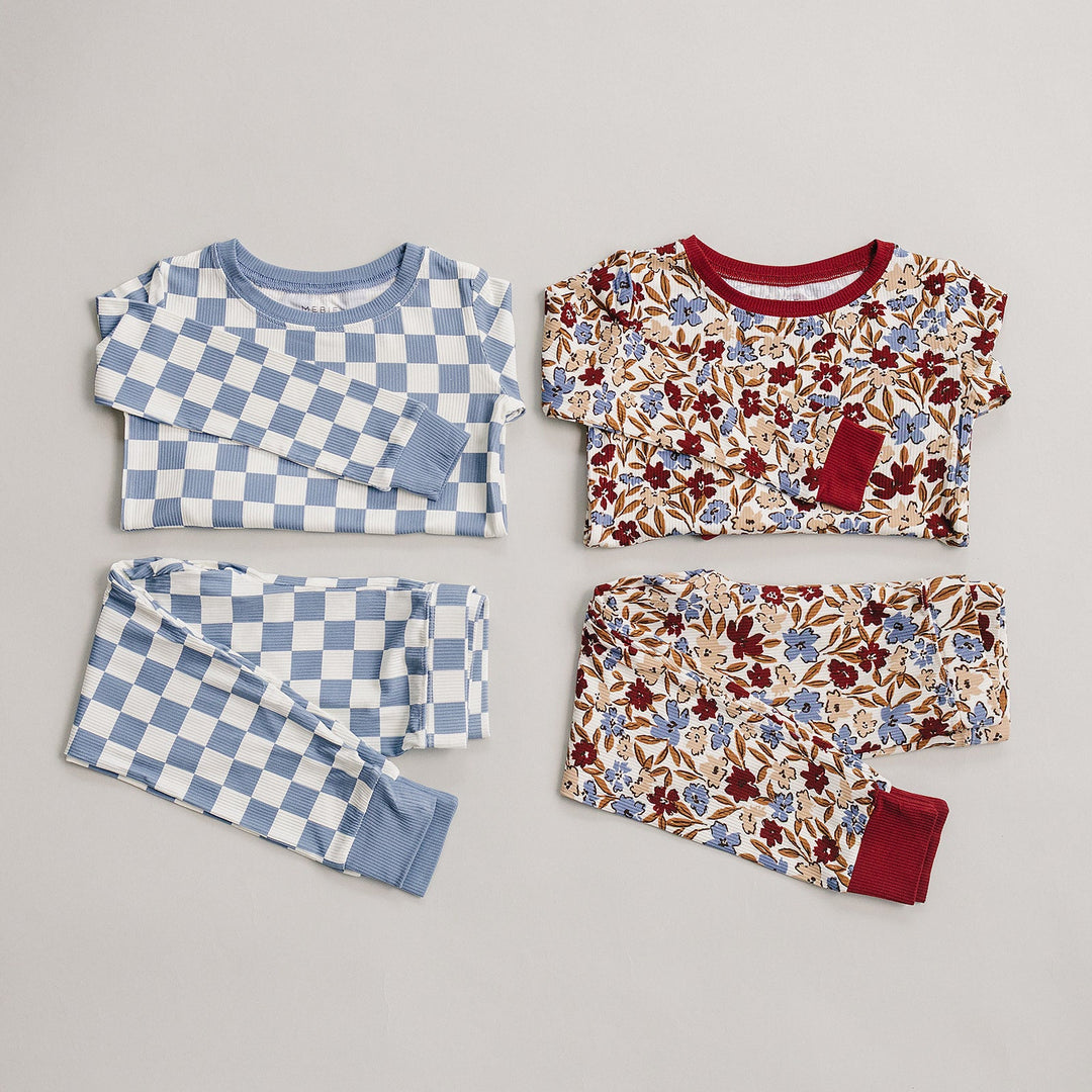 Blue Checkered Ribbed Bamboo Cozy Set