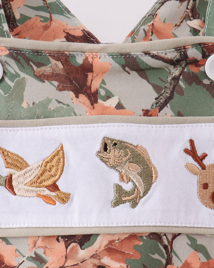 Fish and duck embroidered camo romper