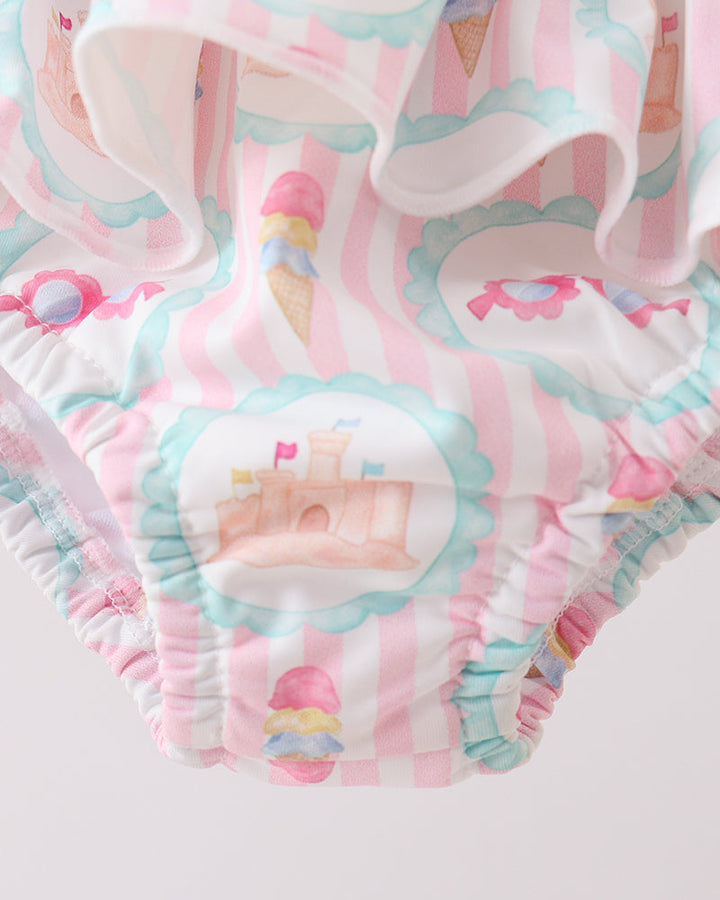 Swimsuit bottoms with a colorful pattern on a white background