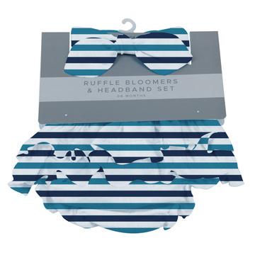 Blue and White Stripe Ruffle Bamboo Bloomers Headband Set