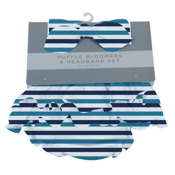 Blue and White Stripe Ruffle Bamboo Bloomers Headband Set