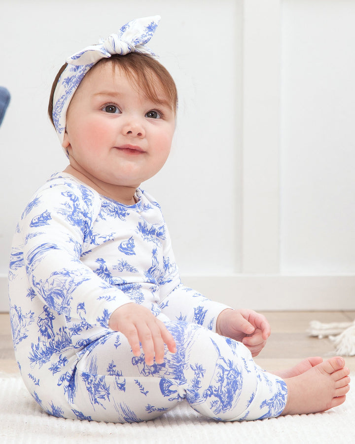 Blue toile de Jouy bamboo romper, long-sleeve footed onesie with blue-and-white print