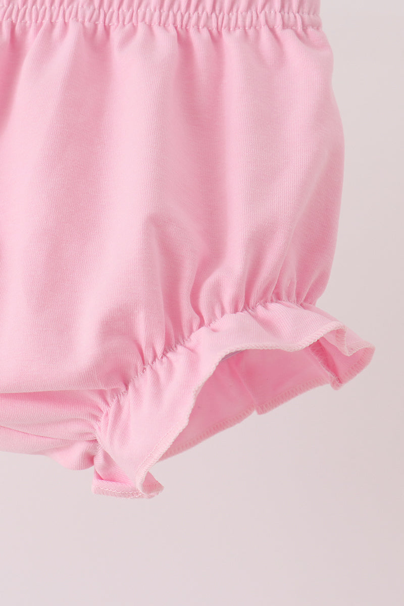 Pink bloomer shorts with elastic waistband and ruffled leg openings