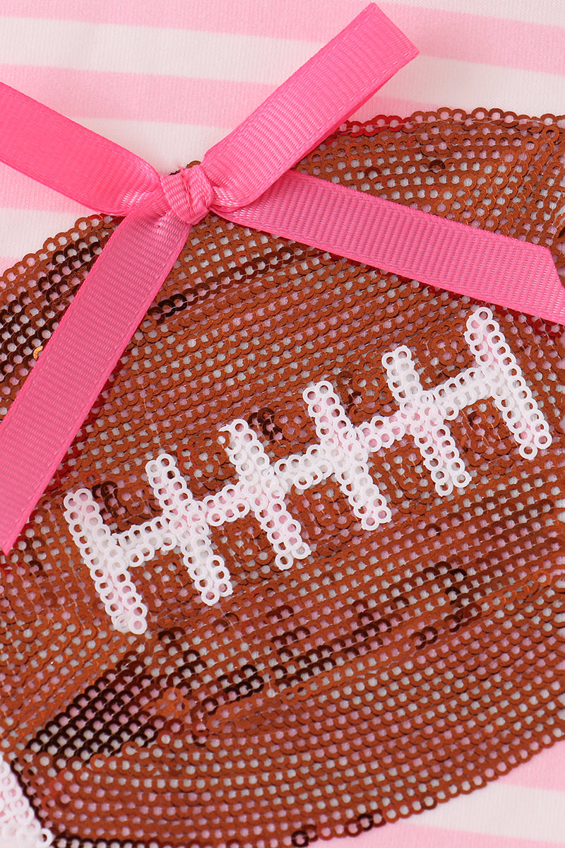 Brown football sequin patch with pink ribbon bow on pink and white striped romper
