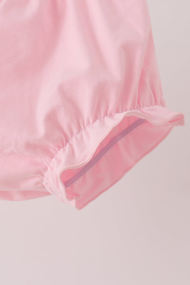 Pink embroidered bloomer shorts with elastic ruffled leg openings